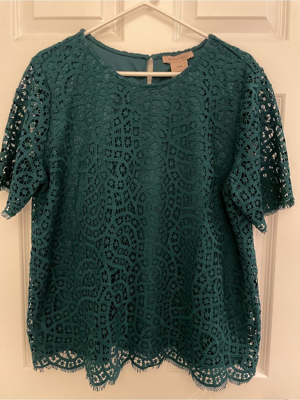 Philosophy emerald green fully lined crocheted top size XL